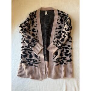 Dreamers by Debut Leopard Knit Cardigan Sweater Open Ribbed Beige Black Animal S